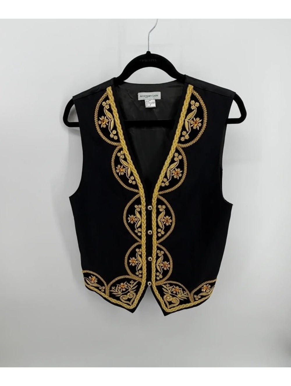 Vintage Accessory Lady Black Wool Vest Gold Embroidered Beaded Western Size M
